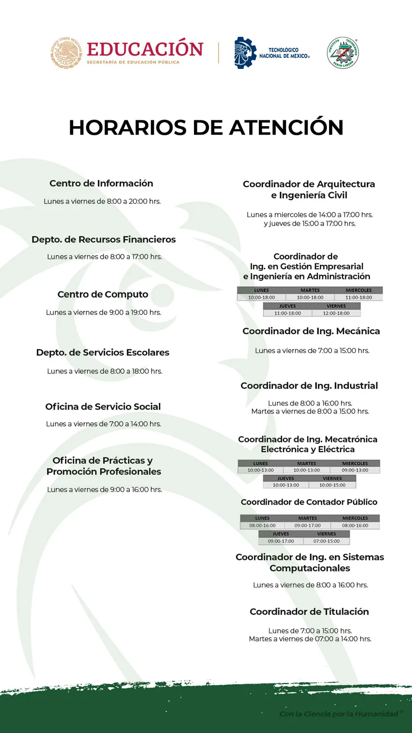 Horarios de Atencion Tec Nuevo Laredo